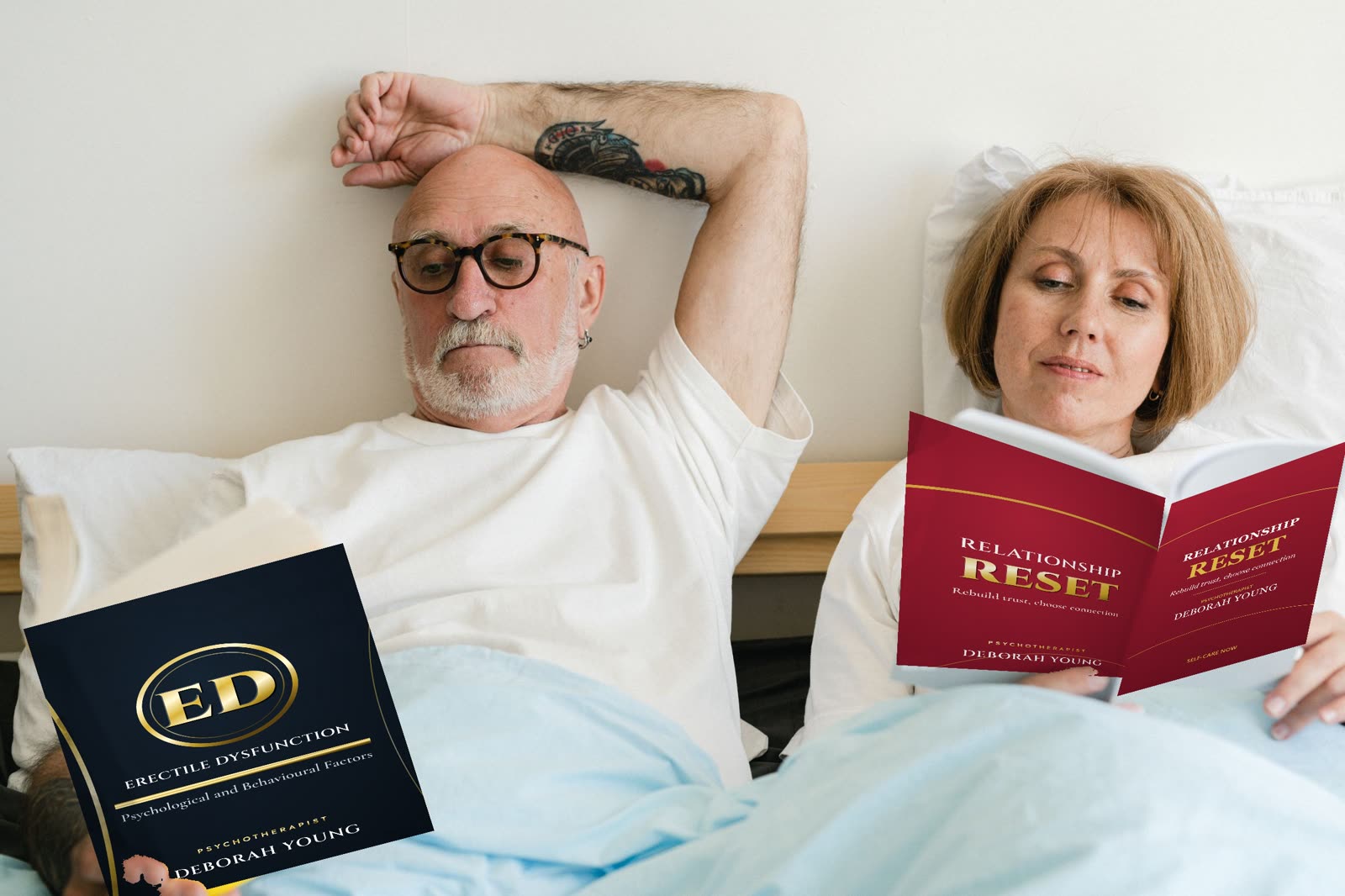 A couple reading in bed: he holds the Erectile Dysfunction ebook, she holds Relationship RESET